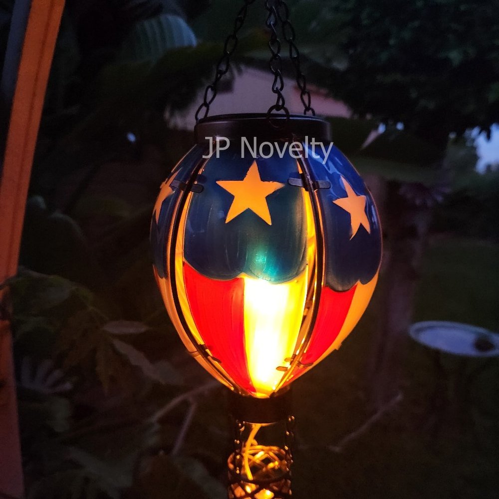 Patriot-Glass/Metal Hot Air Balloon With Flickering Solar Light - Yard Art